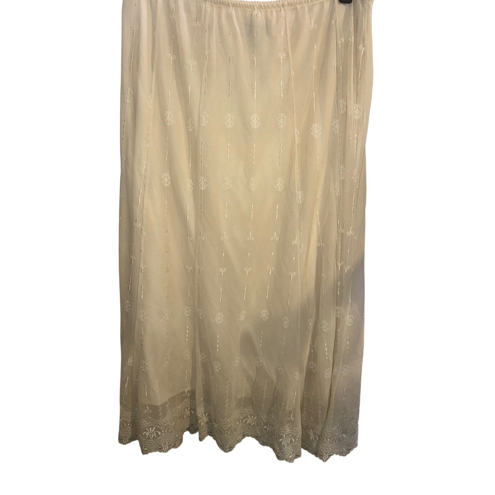 Vtg Sz XL Cream Mesh Embroidered Maxi Skirt Lace Hem Cottagecore